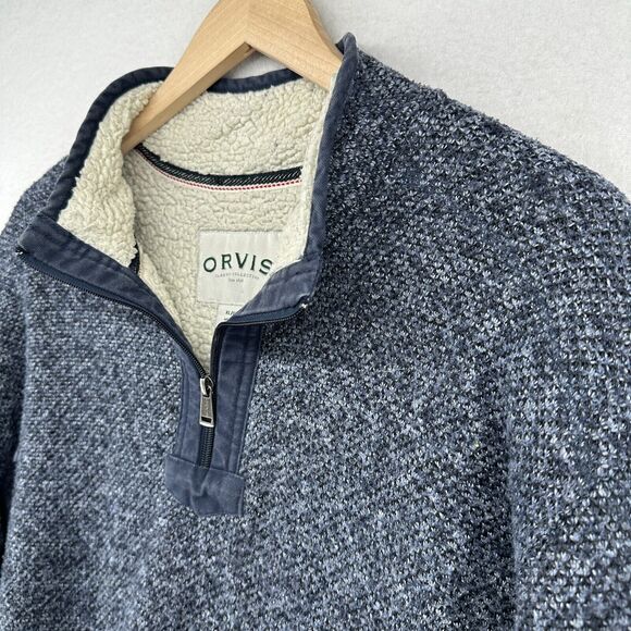 ORVIS Sweater Mens XL Brighton Sherpa Fleece Lined 1/4 Zip Marled Pullover Blue - Picture 6 of 16